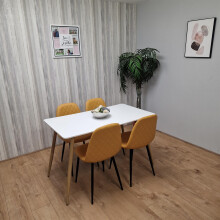 Wooden Dining Table with 4 Mustard Gem Patterned Chairs White Table