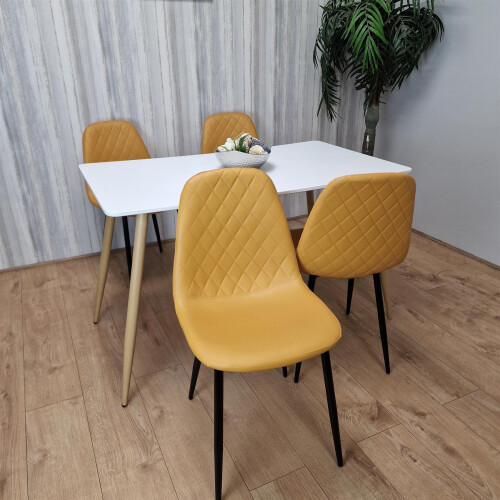 Wooden Dining Table with 4 Mustard Gem Patterned Chairs White Table 1