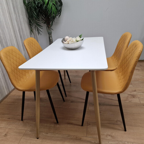Wooden Dining Table with 4 Mustard Gem Patterned Chairs White Table 2