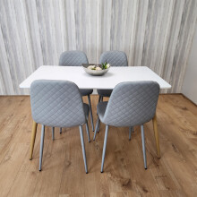 Wooden Dining Table with 4 Grey Gem Patterned Chairs White Table