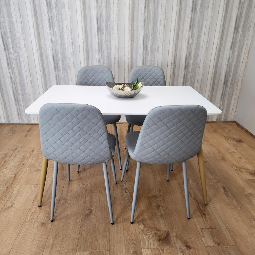 Wooden Dining Table with 4 Grey Gem Patterned Chairs White Table
