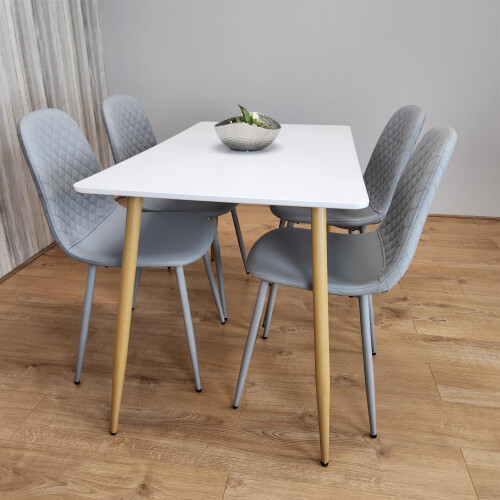 Wooden Dining Table with 4 Grey Gem Patterned Chairs White Table 2
