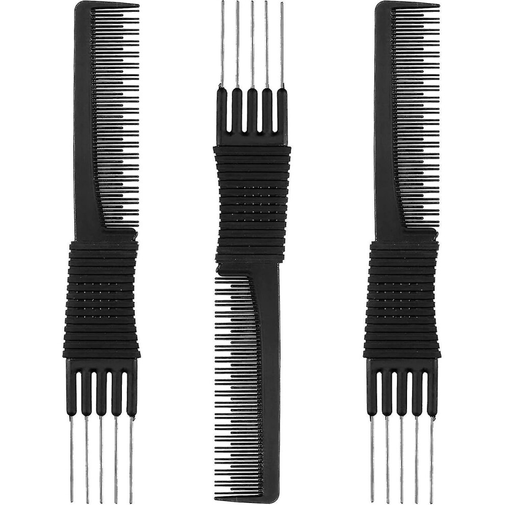 Unisex Black 3 Pack Carbon Lift Teasing Combs With Metal Prong, Salon Teasing Back Combs Carbon Comb With Stainless Steel Lift (Black)