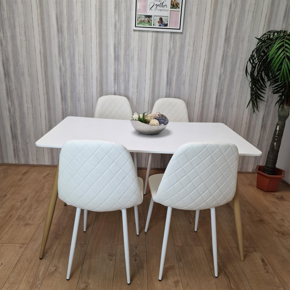 Wooden Dining Table with 4 White Gem Patterned Chairs White Table