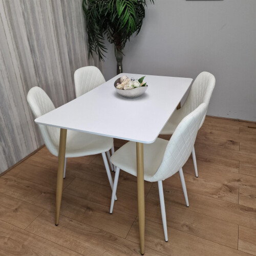 Wooden Dining Table with 4 White Gem Patterned Chairs White Table 1