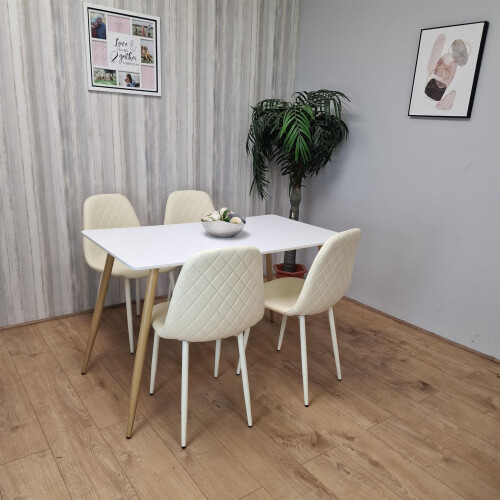 Wooden Dining Table with 4 Cream Gem Patterned Chairs White Table