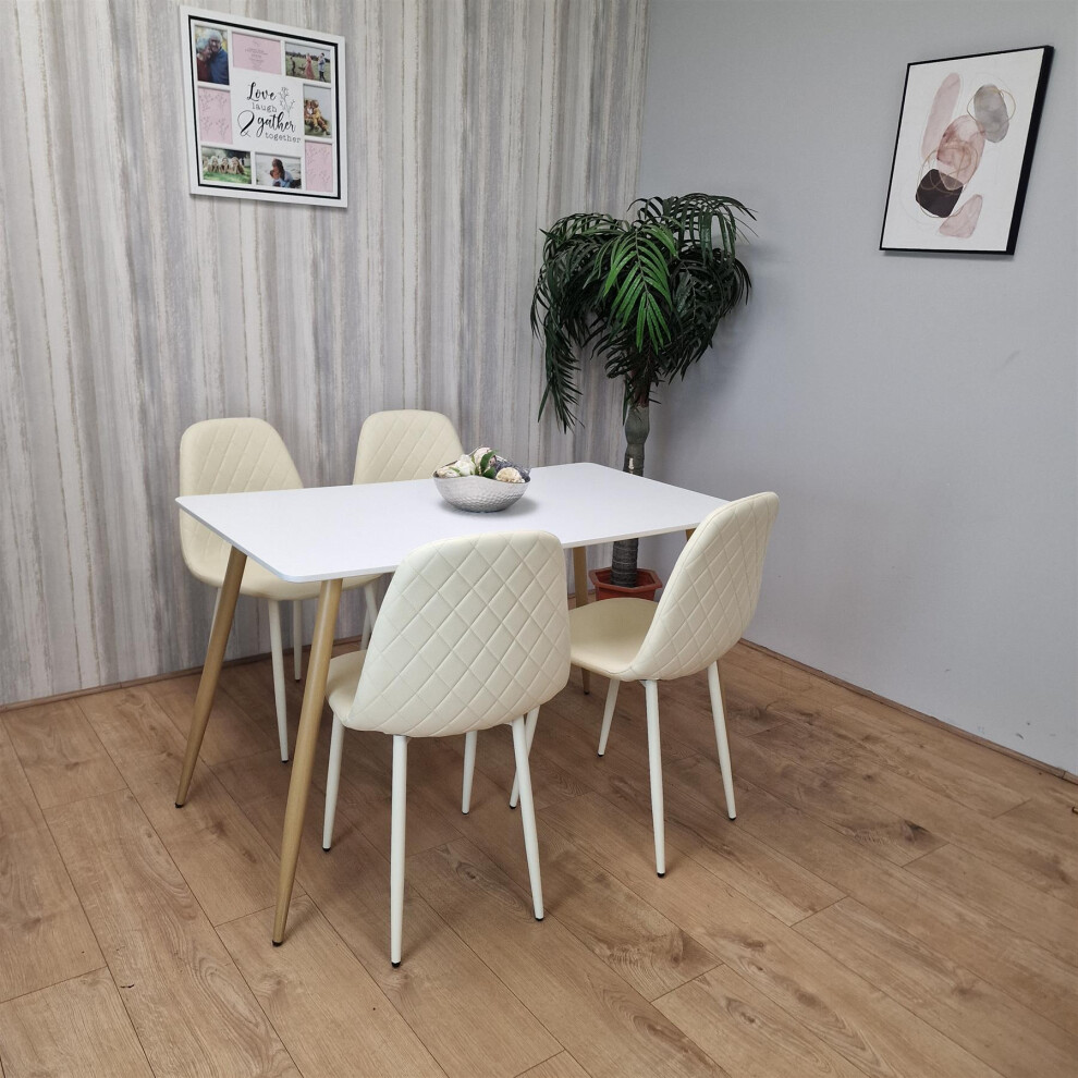 Wooden Dining Table with 4 Cream Gem Patterned Chairs White Table