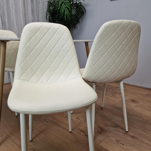 Wooden Dining Table with 4 Cream Gem Patterned Chairs White Table 1