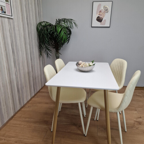 Wooden Dining Table with 4 Cream Gem Patterned Chairs White Table 2