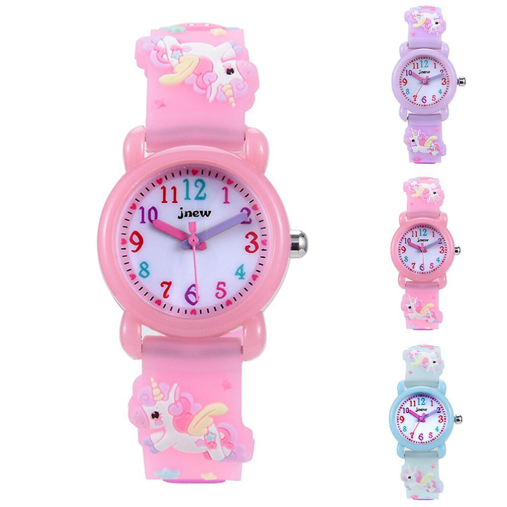 (Pink) Kids Girls 3D Cartoon Unicorn Watch Adjustable Strap Quartz Analogue Wristwatch Brithday Party Gifts Pink
