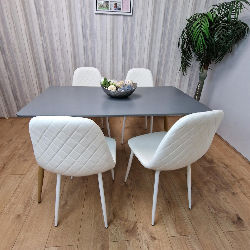 Dining Table Set of 4 Wooden Grey Table with 4 White Gem Chair