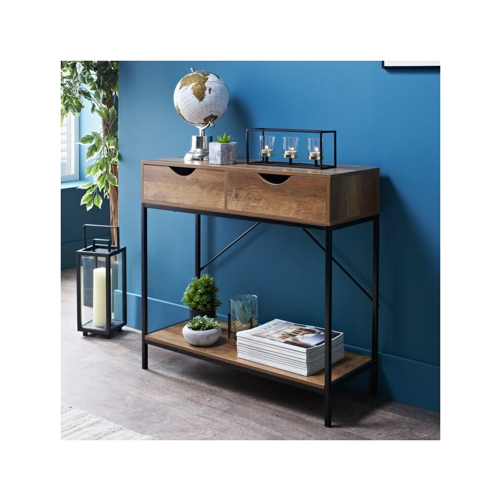 New Tromso Console Table black metal base with a rustic oak top finish