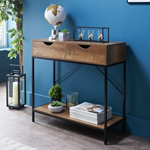 New Tromso Console Table black metal base with a rustic oak top finish 2
