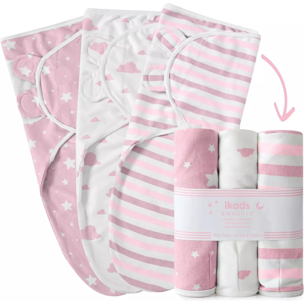 ( Wrap Pack Of 3) New Born Baby Swaddle Wrap Pack Of 3 & Quilted Baby Sleeping Bag 0.5 & 2.5 Tog Pink Yorkshire Bedding
