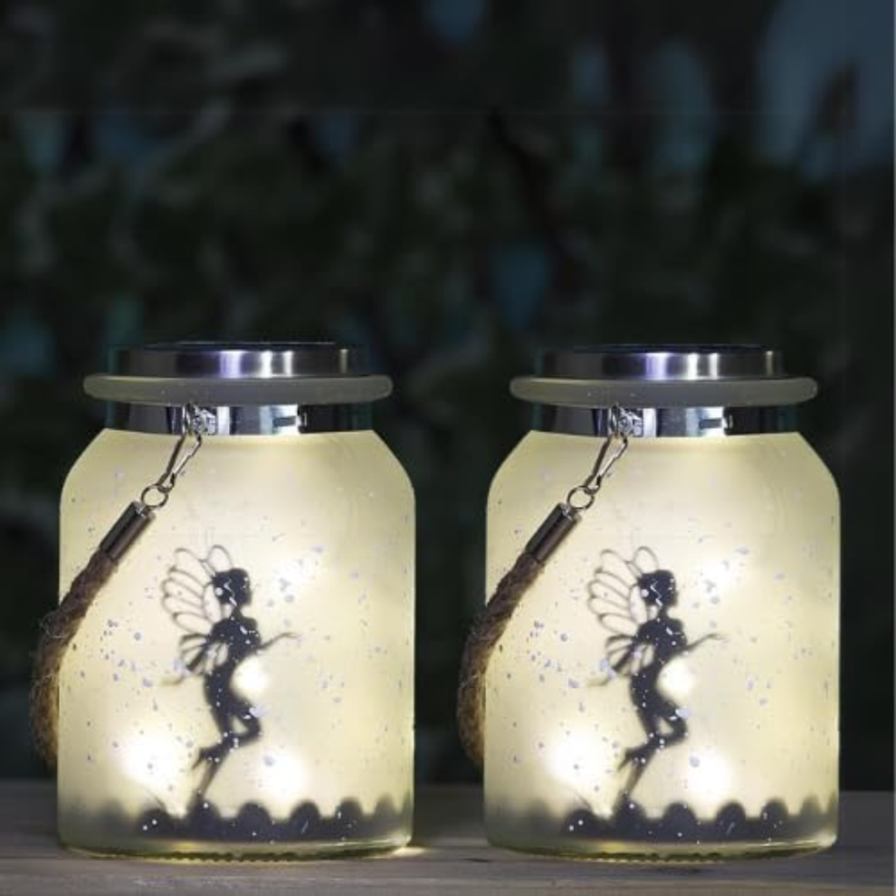 2x Solar Powered Hanging Fairy Lantern Frosted Glass Fairy Light Lamp