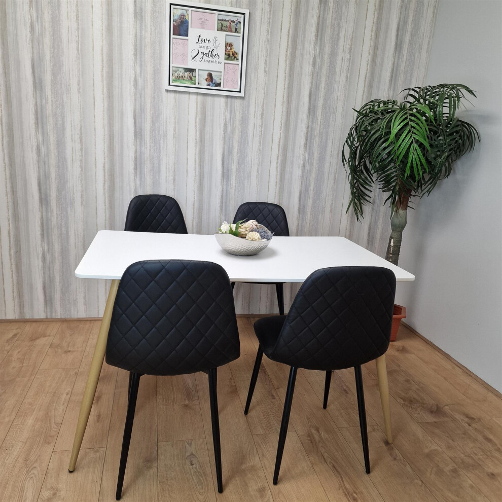 Dining Table Set of 4 Wooden White Table with 4 Black Gem Chairs