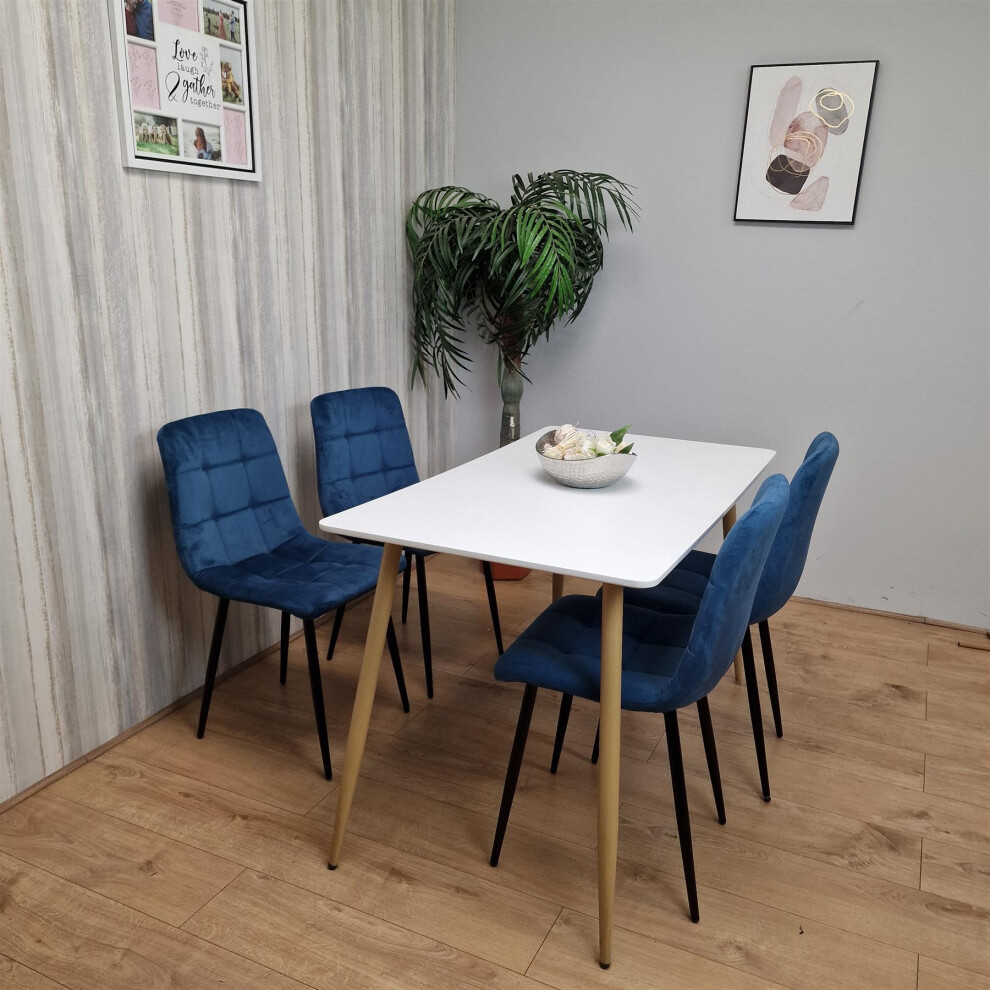 Wooden Dining Table Set for 4 White Wooden Table and 4 Blue Chairs