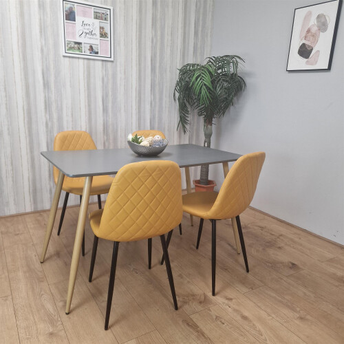 Wooden Rectangle Dining Table Set Grey Table with 4 Mustard Gem Chairs 1