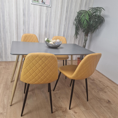 Wooden Rectangle Dining Table Set Grey Table with 4 Mustard Gem Chairs 2
