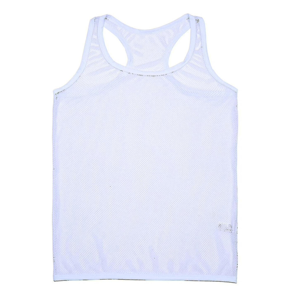 (White, XL) Men Mesh See Through Sleeveless Tank Vest Top Sheer Underwear