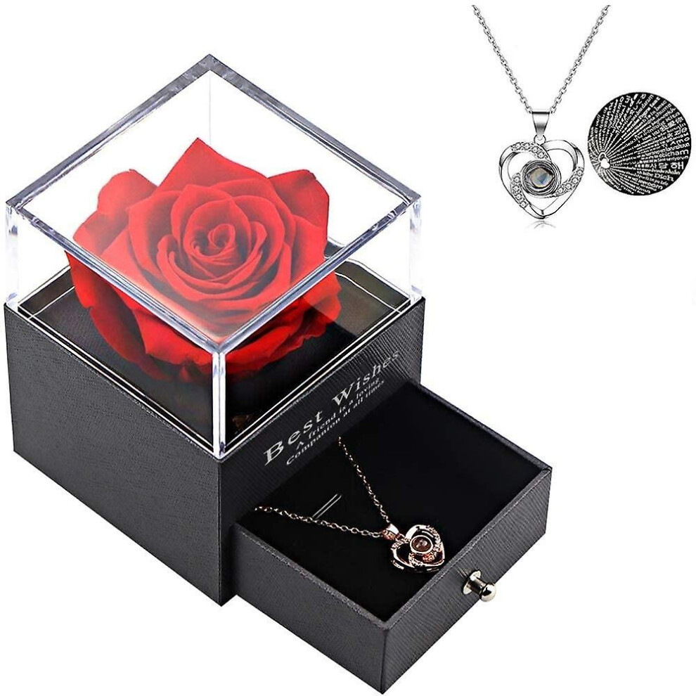 (Silver) Preserved Red Real Rose with I Love You Necklace in 100 Languages Enchanted Flower Gifts for Mom Wife Girlfriend