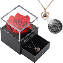 (Rose gold) Preserved Red Real Rose with I Love You Necklace in 100 Languages Enchanted Flower Gifts for Mom Wife Girlfriend