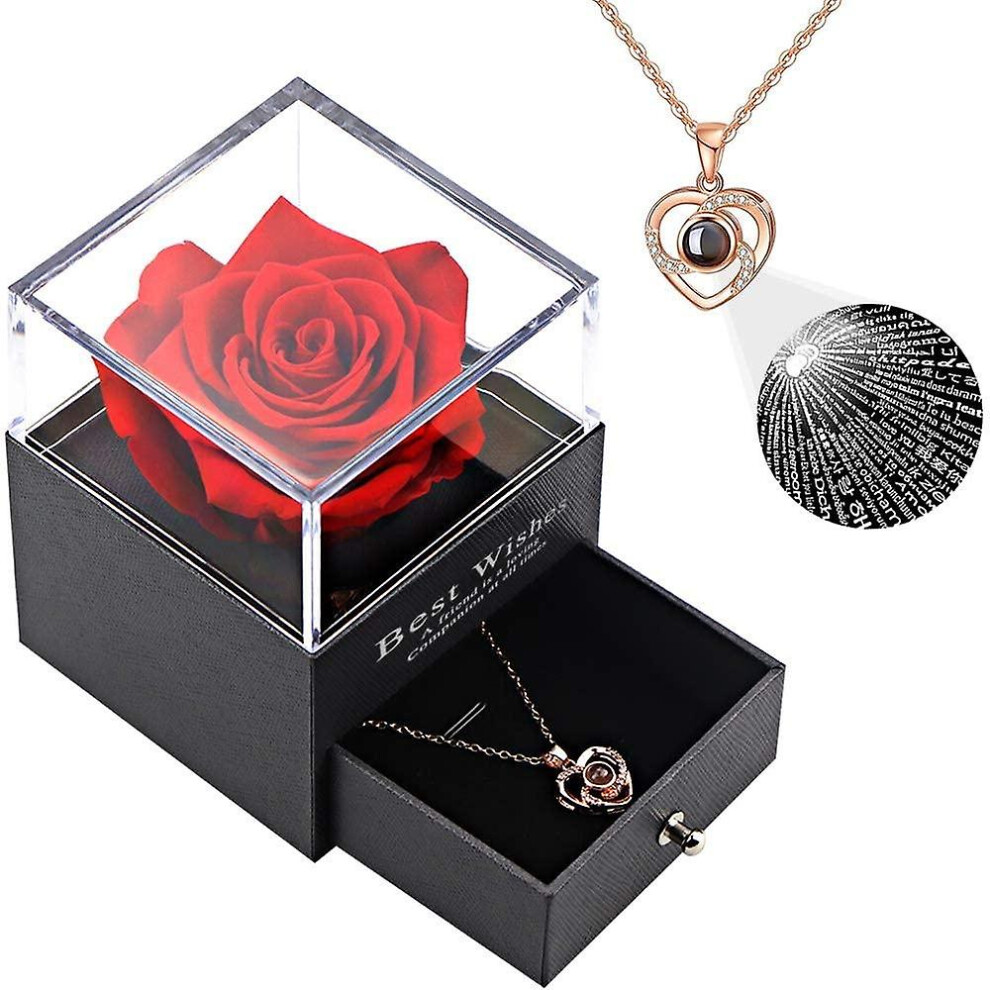 (Rose gold) Preserved Red Real Rose with I Love You Necklace in 100 Languages Enchanted Flower Gifts for Mom Wife Girlfriend
