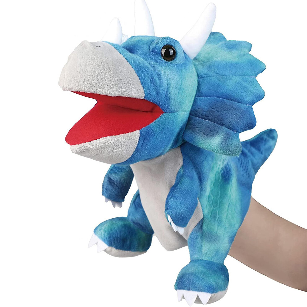 (Triceratops) Plush Dinosaur Hand Puppet With Open Movable Mouth For Imaginative Play, Role Play, Interactive Toy Birthday Gift For Kids