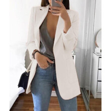 (White, 4XL) Women's Lapel Work Office Blazer Jacket Casual Long Sleeve Outerwear Hip Length