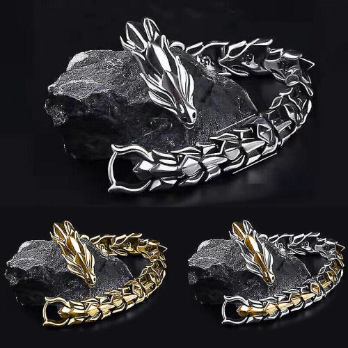 (Sliver Gold, 23cm) Viking Dragon Link Chain Bracelet Cool Men Stainless Steel Ouroboros Bangle Gift