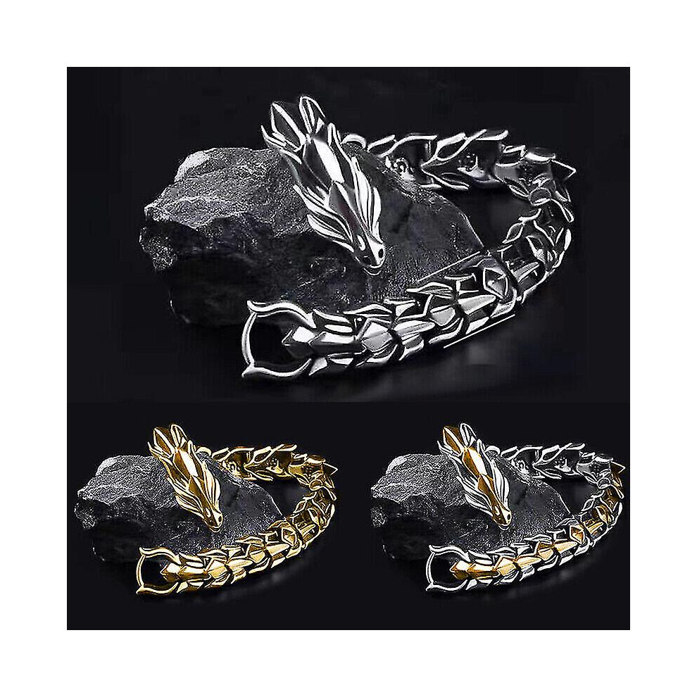 (Sliver Gold, 20cm) Viking Dragon Link Chain Bracelet Cool Men Stainless Steel Ouroboros Bangle Gift