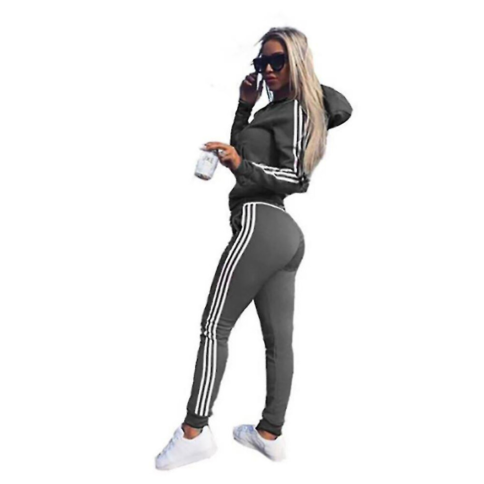 (Grey, M ( UK 8-10 )) Womens 2 Pcs Athleisure Sports Wear Tracksuit Hoodie Pants Set