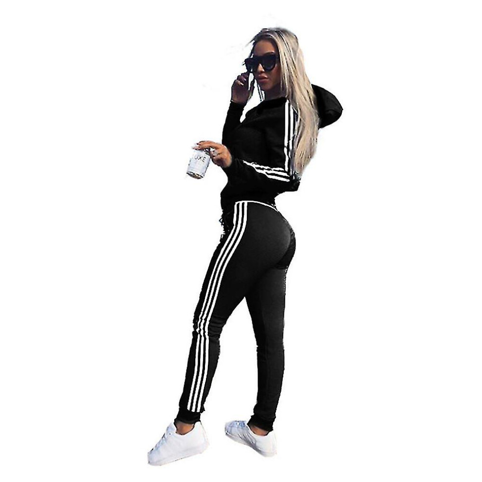 (Black, L (UK 10-12 )) Womens 2 Pcs Athleisure Sports Wear Tracksuit Hoodie Pants Set