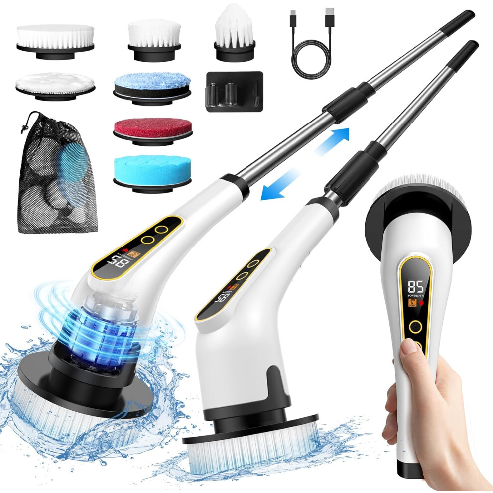Electric Spin Scrubber for Cleaning, Cordless Scrub Brush with Adjustable Speeds & Long Handle, 7 Replaceable Brush Heads, Power Scrubber for Shower,