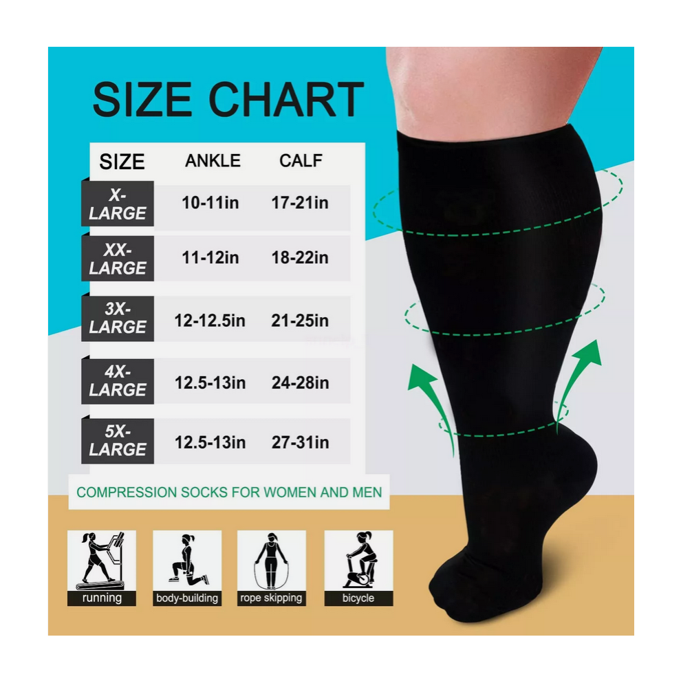 (Black, 7XL) Extra Wide Fat Plus Size Compression Calf Support Sports Socks Men Women 2XL-7XL