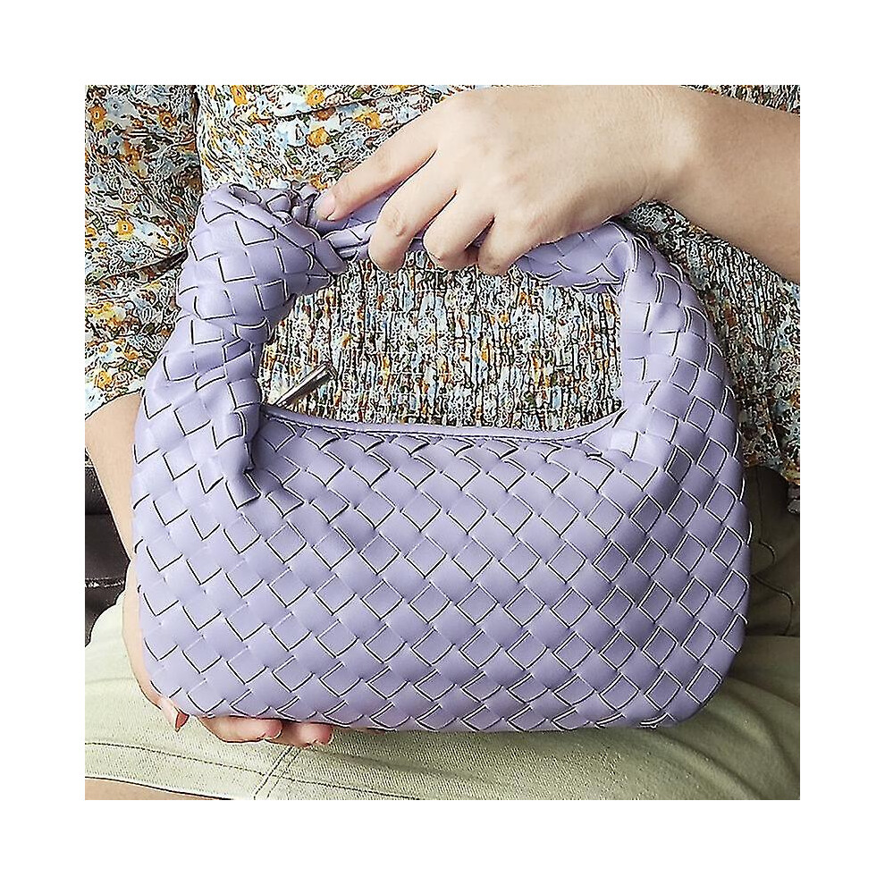 (light purple) Woven Leather Hobe Dumpling Bag Dinner Handbag For Women Purse Hobo Bag Knotted Woven Summer Clutch Bag