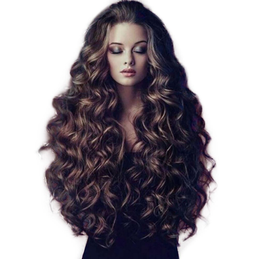 Unisex Brown Women Long Curly Hair Wigs Body Wave Synthetic Wig