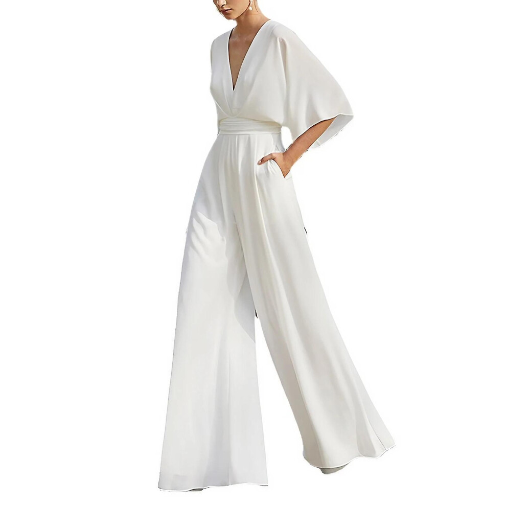 (White, M) Female V-neck Jumpsuit Casual Elegant Simple Solid Color Half Sleeves Wide Leg Jumpsuits For Women-image-OPC-PDWPFNF-NEW