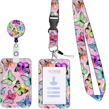 (B) Id Card Holder Various Pattern Printing Slide Opening With Lanyard Multiple Wearing Ways One Side Transparent Card Storage Portable Retractable Badge