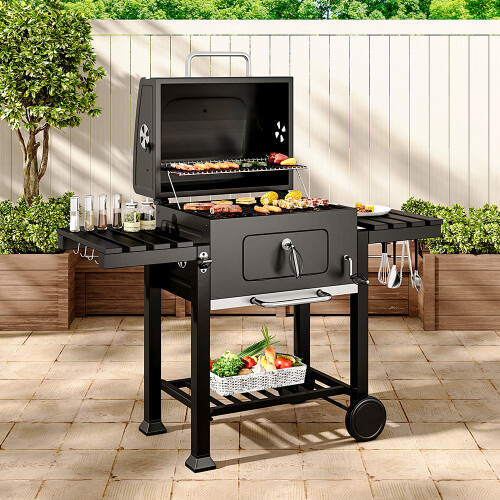 Outdoor Barbecue Charcoal BBQ Grill Stove Smoker Built in Thermometer with Wheels