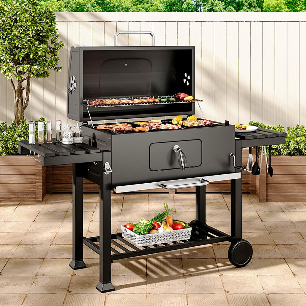Outdoor Charcoal Barbeque Trolley Smoker Grill BBQ Cooker with Wheels and Side Table 160 cm