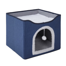 (Navy ) Foldable Multifunctional Cat Bed with Scratching Pad