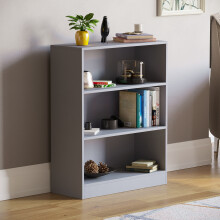 (Grey) Cambridge 3 Tier Wide Low Bookcase Storage Shelf