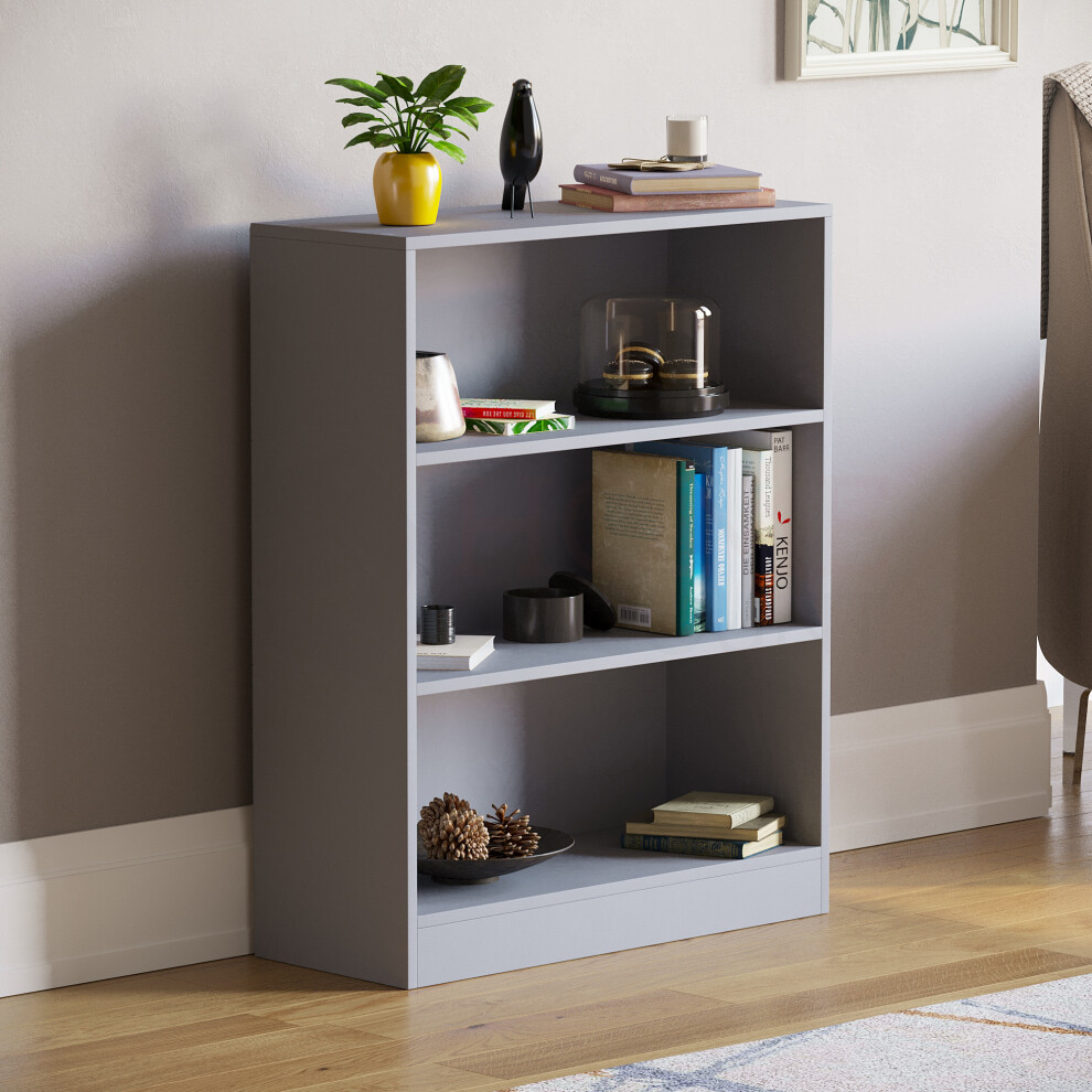 (Grey) Cambridge 3 Tier Wide Low Bookcase Storage Shelf