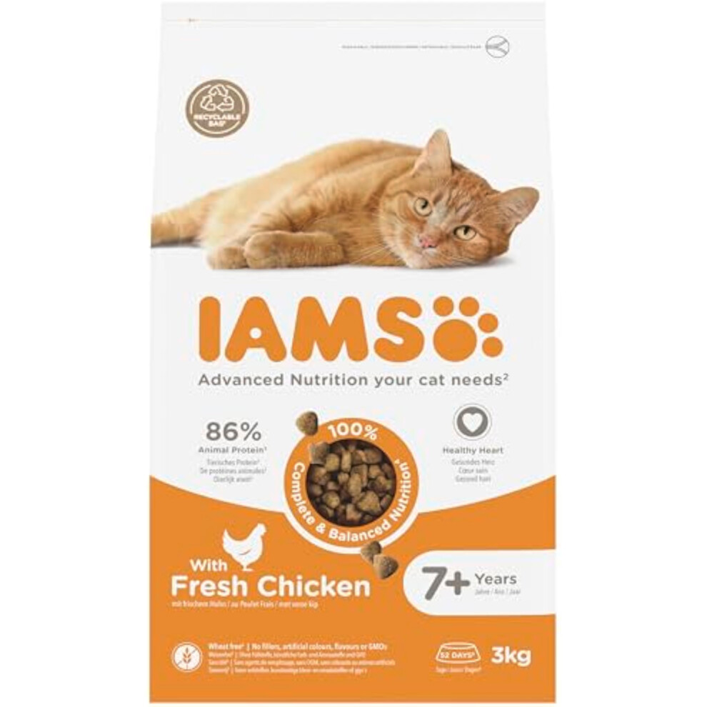 New Iams Complete Dry Cat Food For Senior 7+ Cats With Chicken (3Kg)