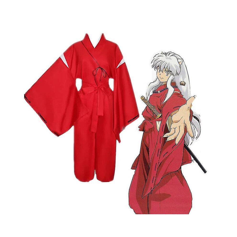 (wig, M) Anime Inuyasha Cosplay Costume Red Robe Men Kimono Halloween Performance Adult Suit White Wig Necklaces Comic Fans Gift Clothing