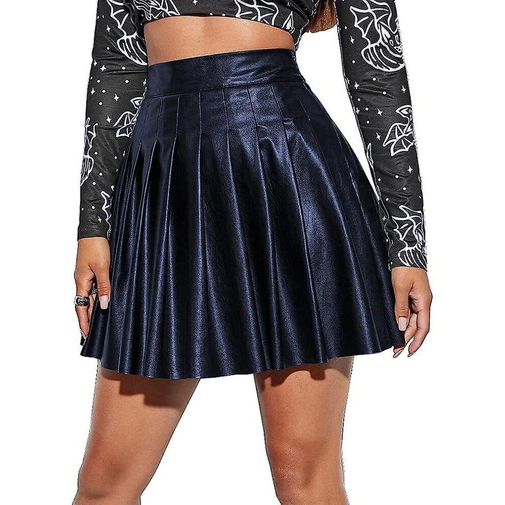 (A Navy Blue, L) Sexy Women Pu Faux Leather Pleated Skater Skirt High Waist Metallic Glitter