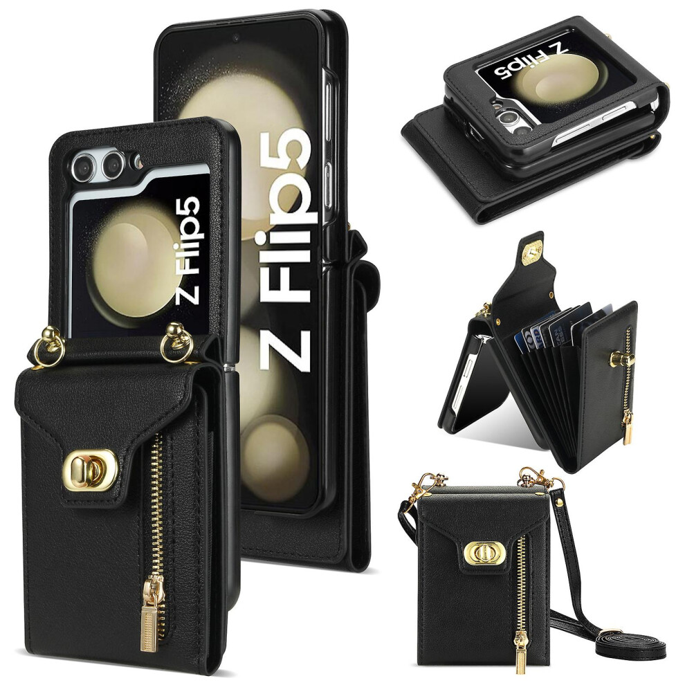 (Black) Wallet Case For Samsung Galaxy Z Flip 5, Pu Leather Shockproof Cover With Zipper Card Holder Black 3010291655879