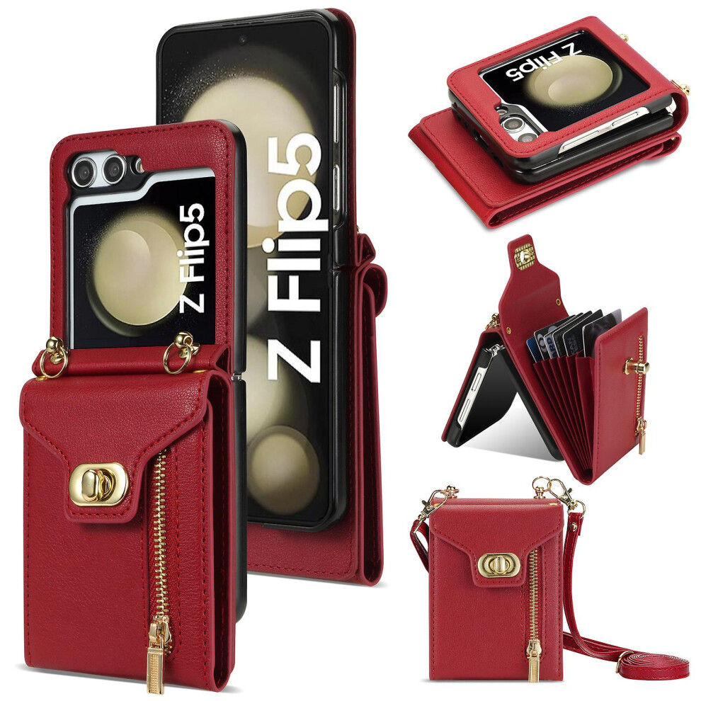 (Red) Wallet Case For Samsung Galaxy Z Flip 5, Pu Leather Shockproof Cover With Zipper Card Holder Red 3010291655909