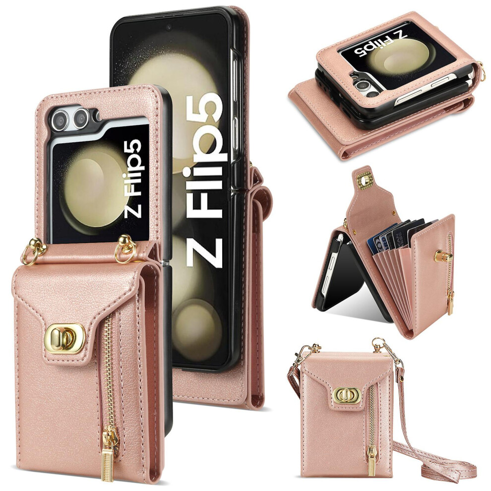 (Pink) Wallet Case For Samsung Galaxy Z Flip 5, Pu Leather Shockproof Cover With Zipper Card Holder Pink 3010291655916